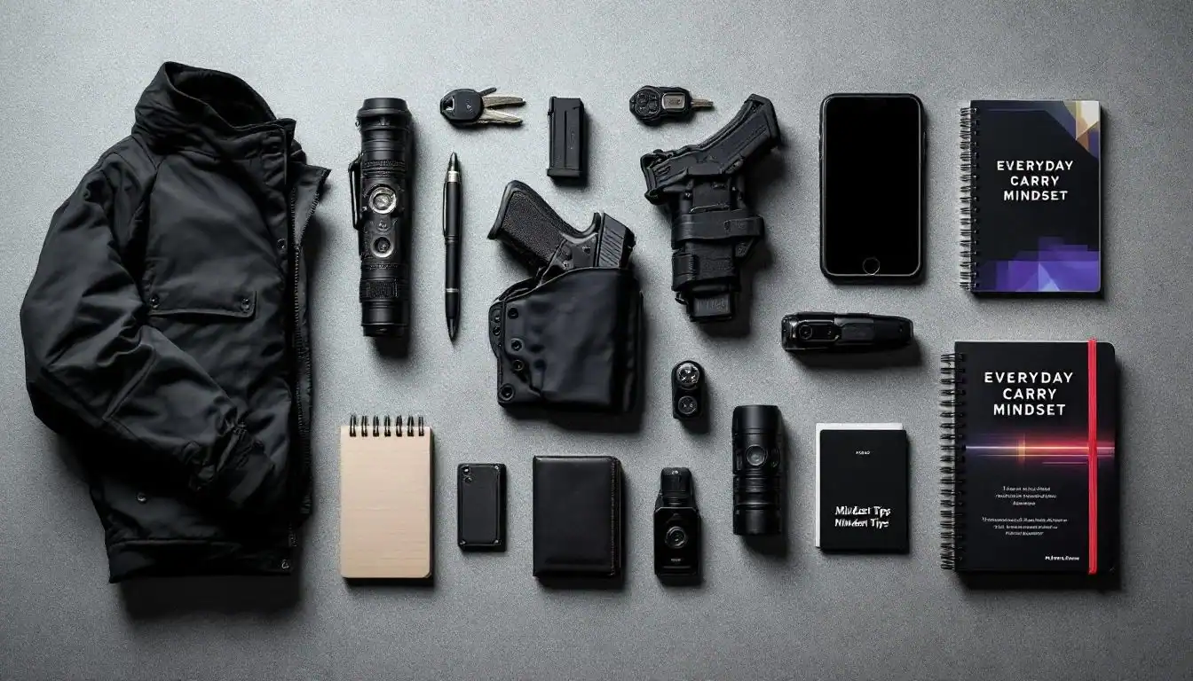A collection of tactical gear, including a flashlight, gun, and accessories, arranged neatly on a gr.
