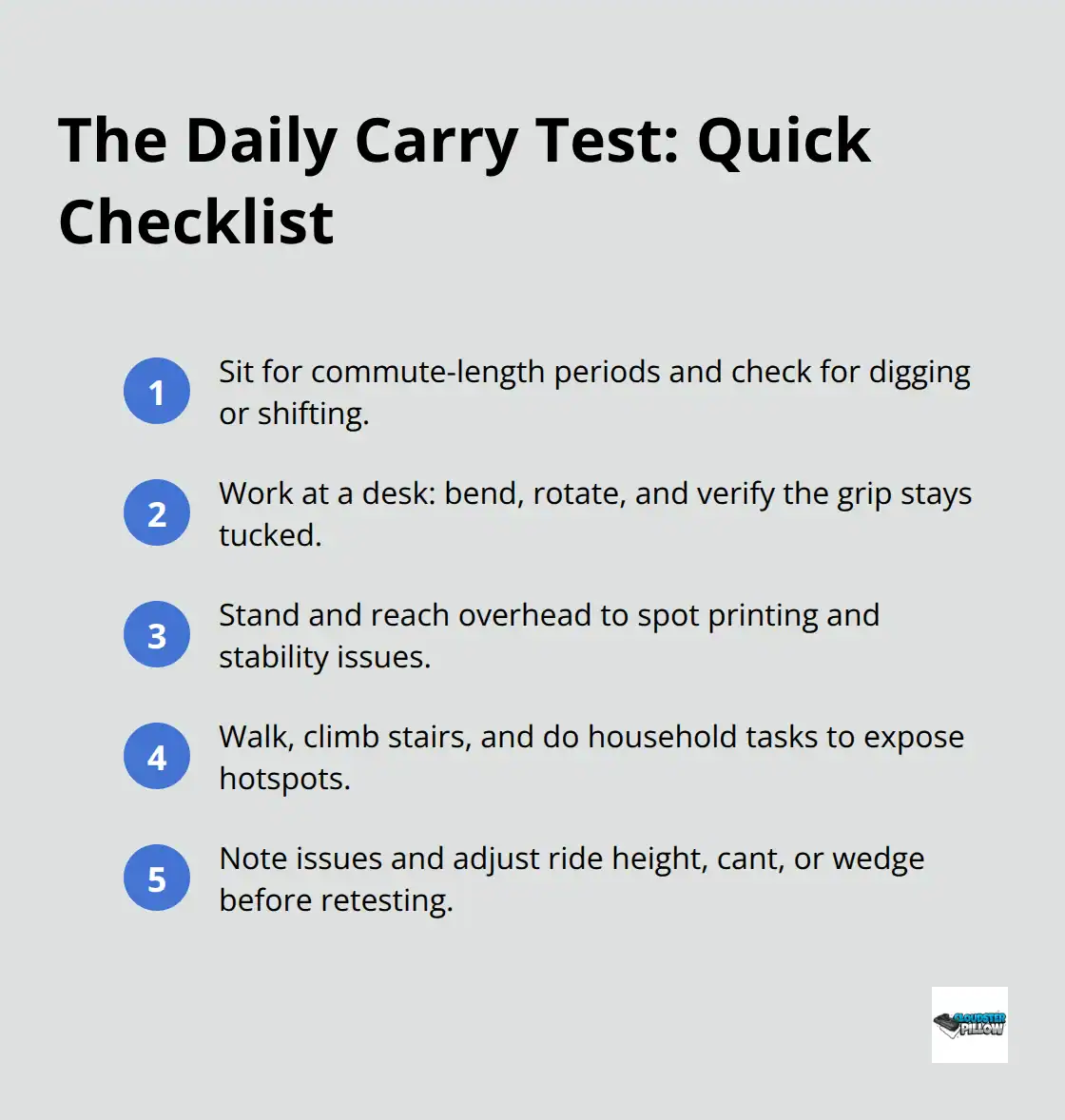 Compact checklist of daily movements to test a concealed carry setup