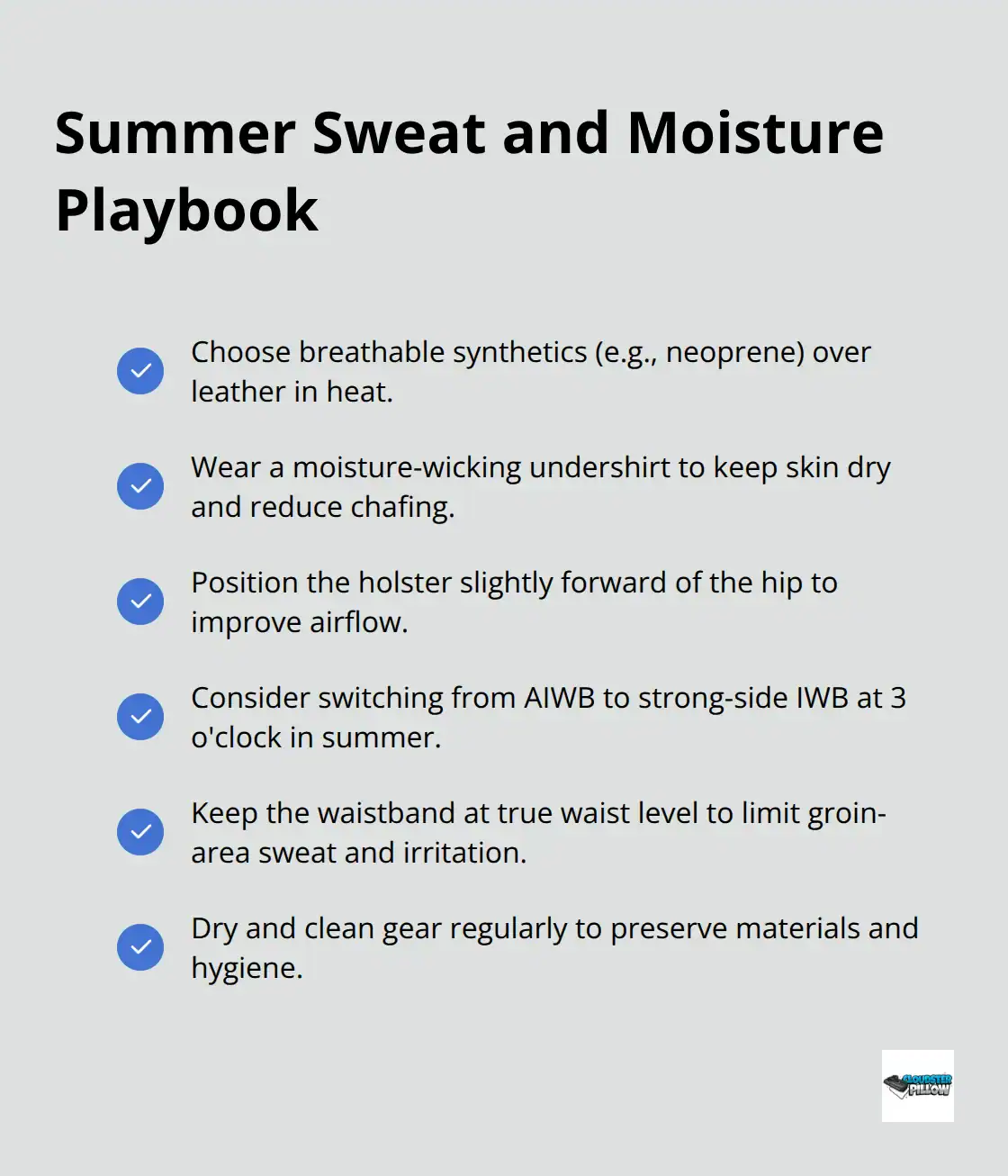 Checkmarked list of actions to manage sweat and moisture for concealed carry