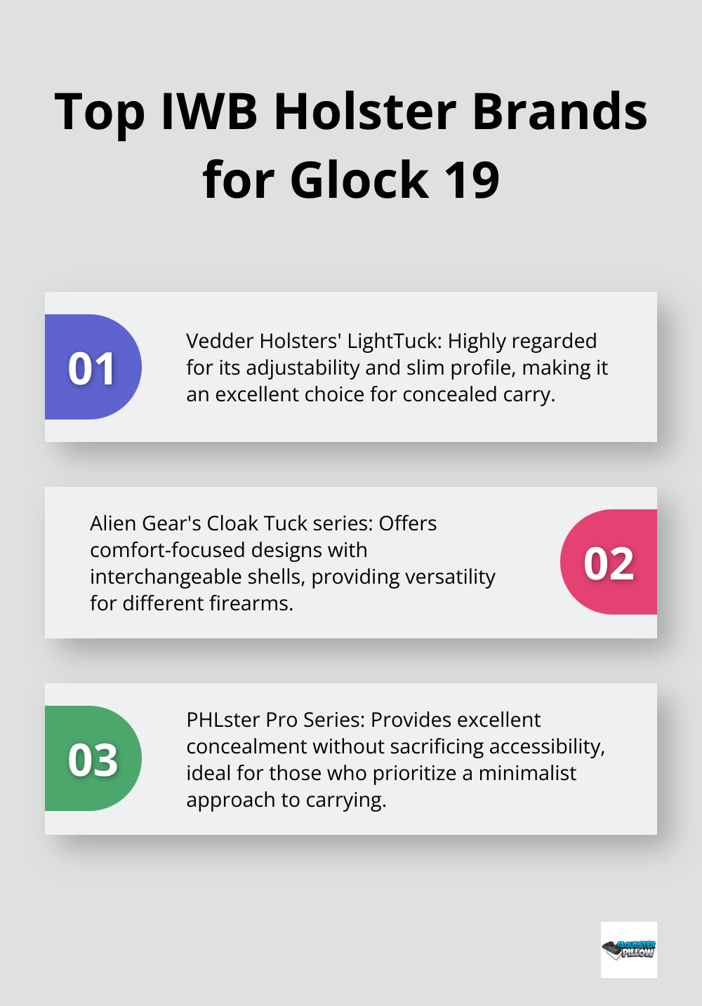 Ordered list of top three IWB holster brands for Glock 19: Vedder Holsters, Alien Gear, and PHLster