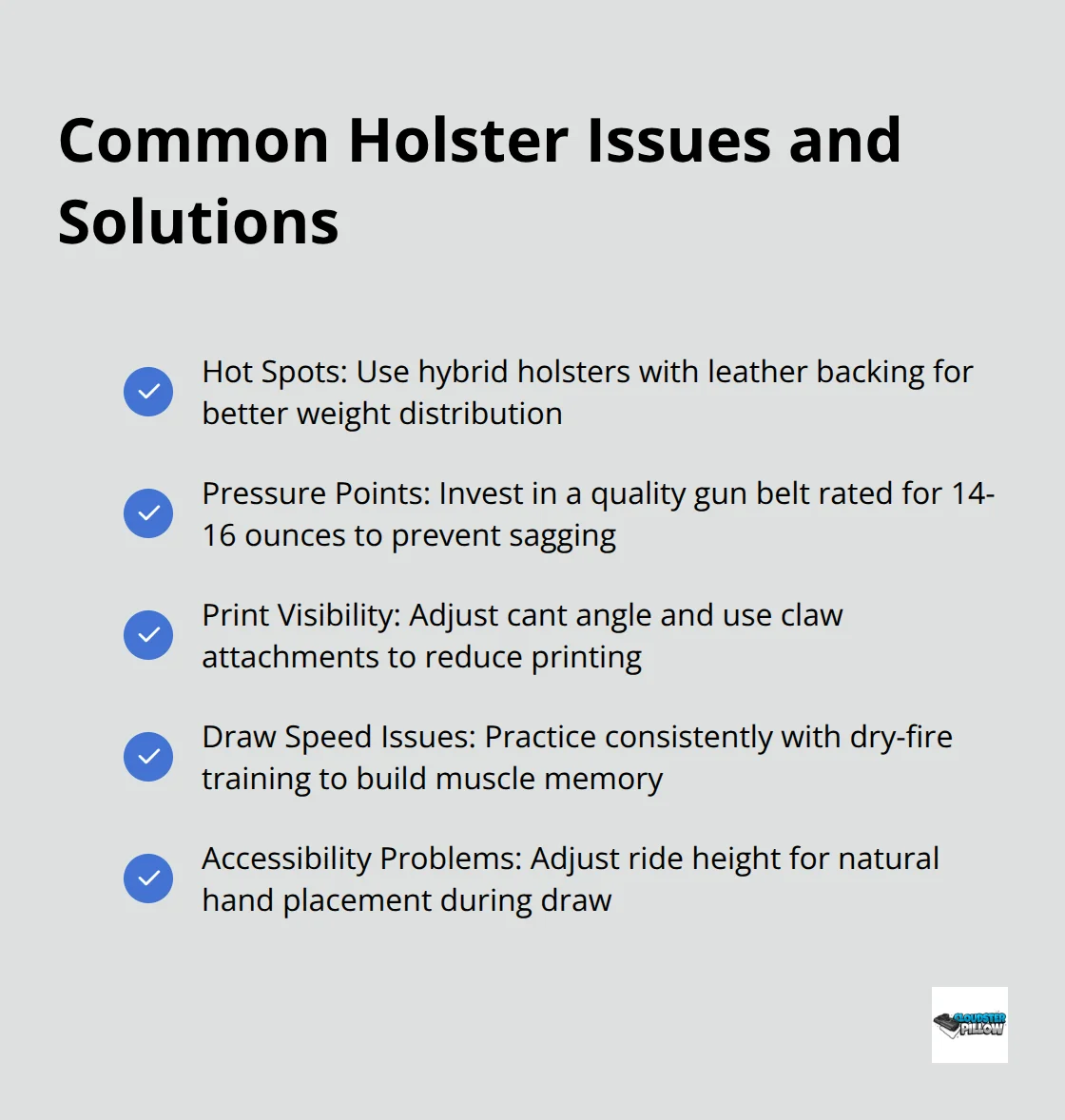 Checkmark list showing common holster issues and their solutions for Glock 43X carriers