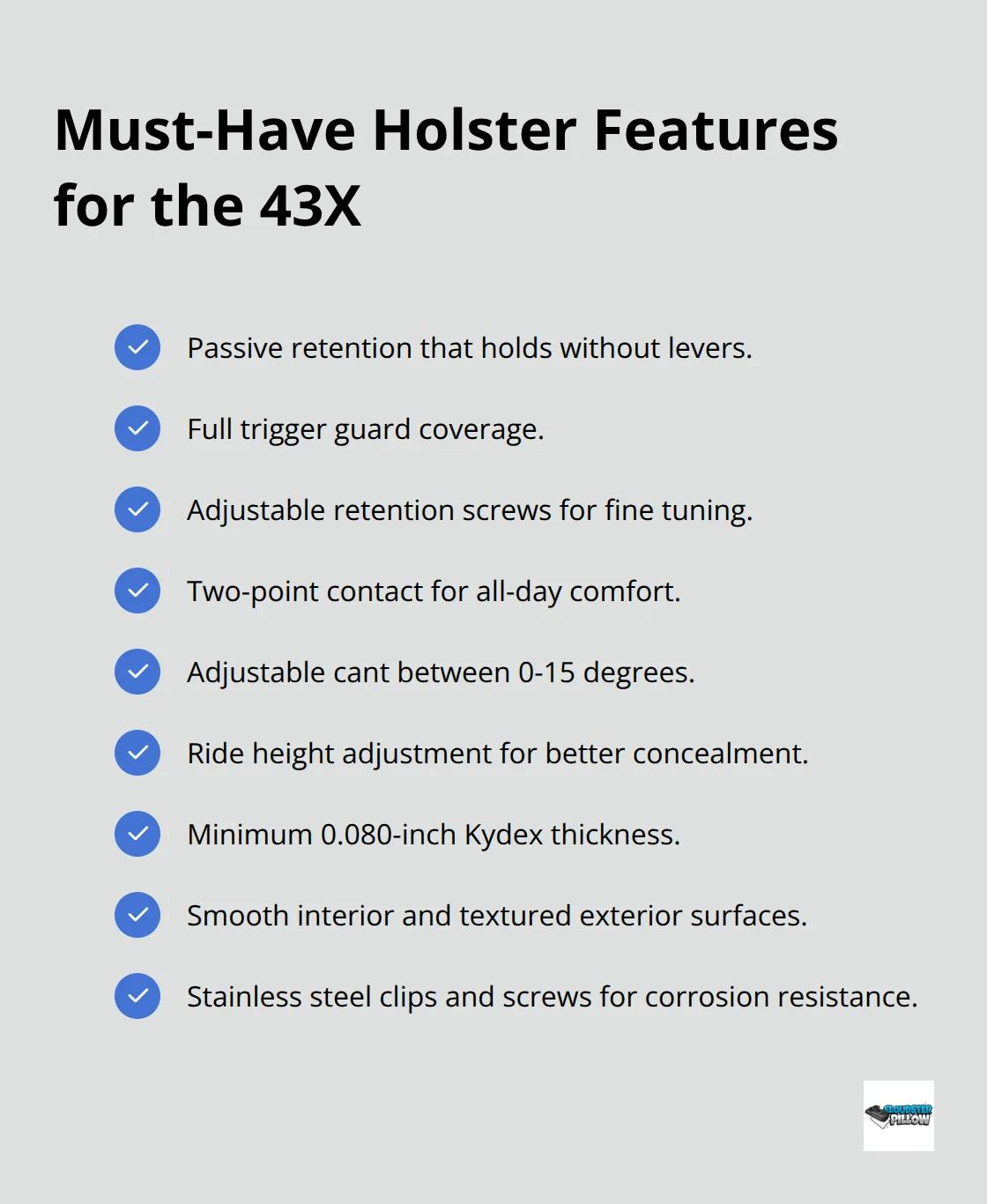 Checklist of essential Glock 43X holster features for comfort, safety, and durability