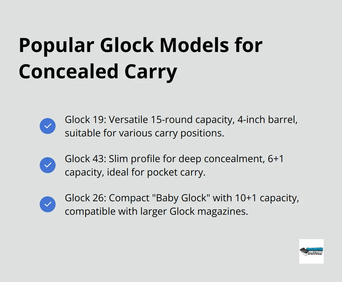 A checkmark list chart comparing features of Glock 19, Glock 43, and Glock 26 for concealed carry.