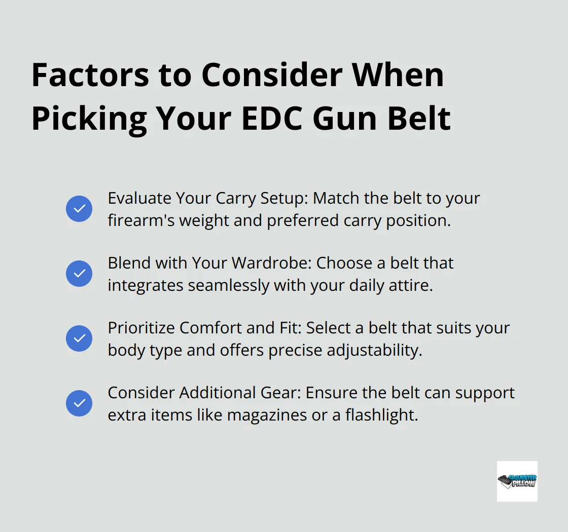 Checkmark list of four main factors to consider when picking an EDC gun belt: Evaluate Your Carry Setup, Blend with Your Wardrobe, Prioritize Comfort and Fit, and Consider Additional Gear