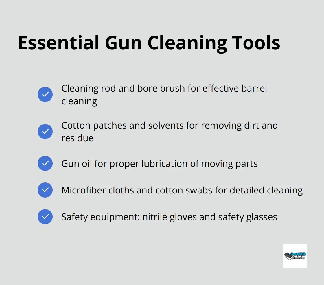 Checklist of essential tools needed for gun cleaning, including cleaning rod, bore brush, patches, solvents, gun oil, microfiber cloths, cotton swabs, and safety equipment.