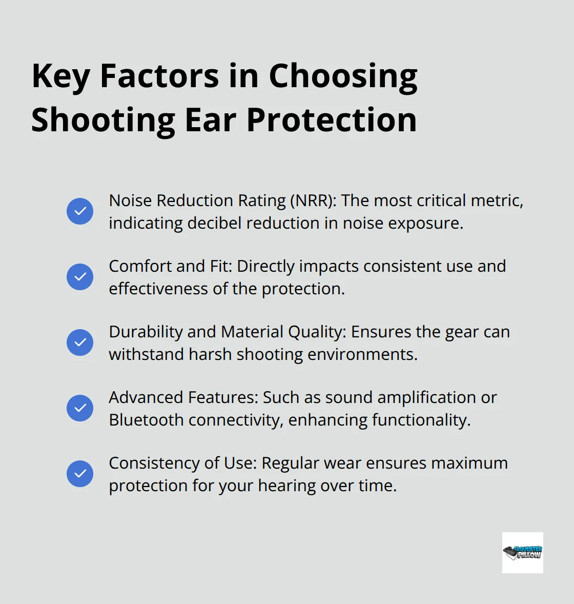 A checkmark list chart showing five key factors to consider when choosing shooting ear protection: Noise Reduction Rating (NRR), Comfort and Fit, Durability and Material Quality, Advanced Features, and Consistency of Use.