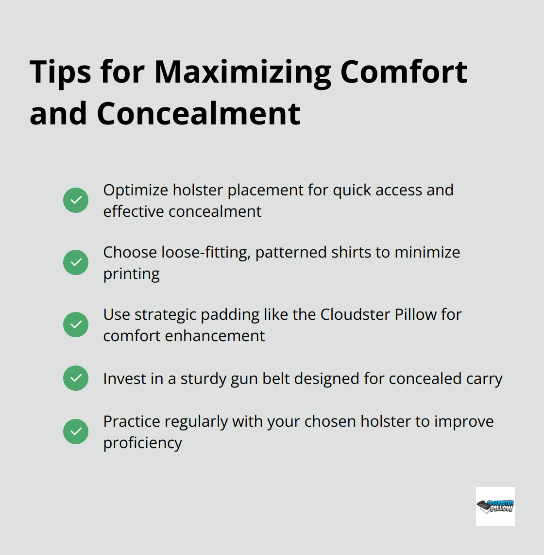 A checkmark list chart showing five tips for maximizing comfort and concealment with a Hellcat Pro holster.