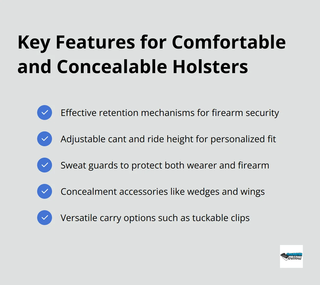 A checkmark list chart showing five key features for comfortable and concealable holsters: Retention Mechanisms, Adjustability, Sweat Protection, Enhanced Concealment Accessories, and Versatile Carry Options.