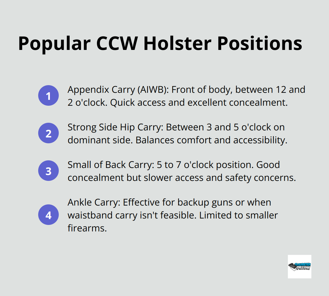 An ordered list chart showing four popular concealed carry holster positions: Appendix Carry, Strong Side Hip Carry, Small of Back Carry, and Ankle Carry. - holster position, CCW comfort, concealed carry setup, appendix