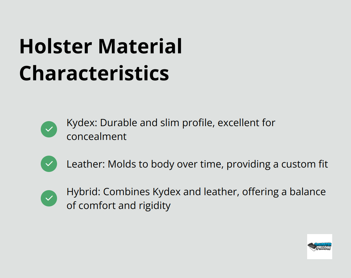 A checkmark list chart comparing characteristics of three holster materials: Kydex, Leather, and Hybrid.