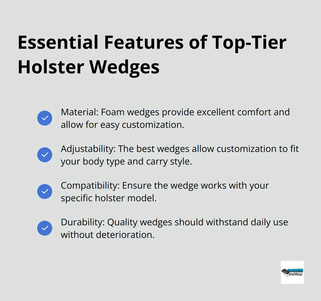 Checklist of four key features for high-quality holster wedges: material, adjustability, compatibility, and durability.