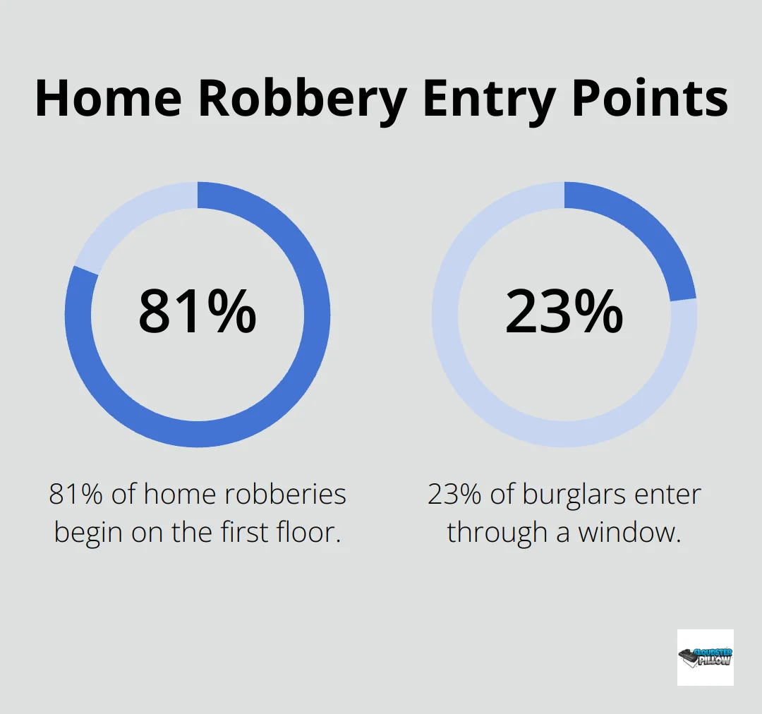 Pie chart showing 81% of home robberies begin on the first floor, with 23% of burglars entering through a window