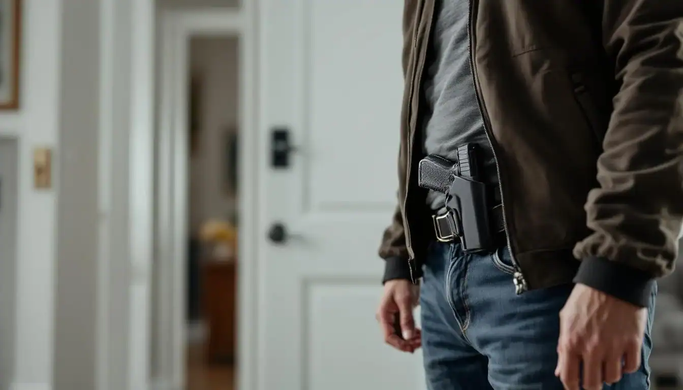 Security guard with a holster holding a firearm inside a building.