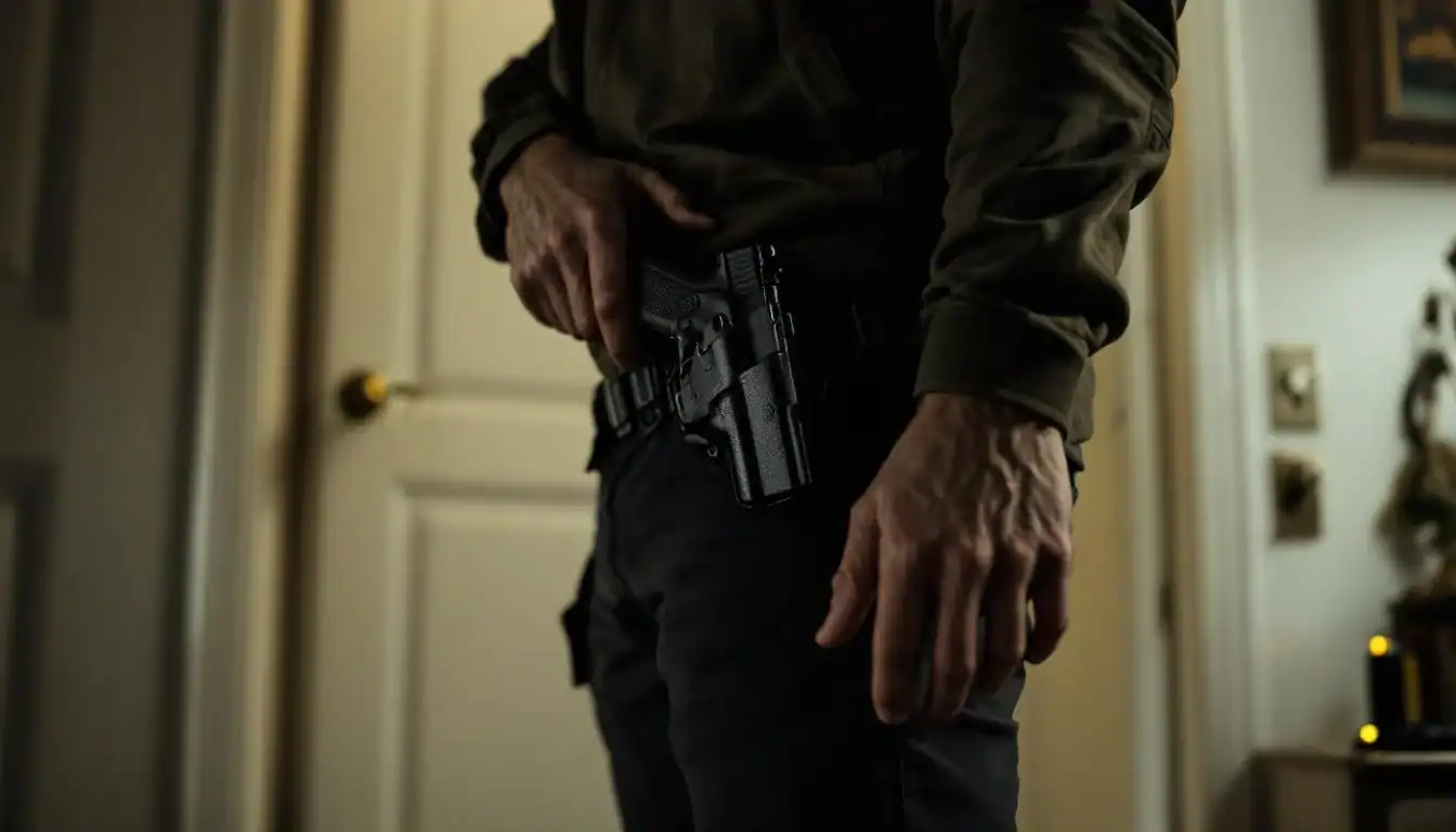 Security guard holding a gun, emphasizing safety and protection.