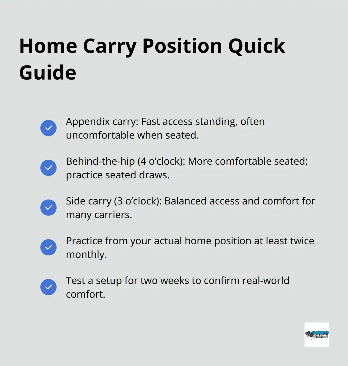 Checklist of at-home carry positions and training tips for comfort and access.