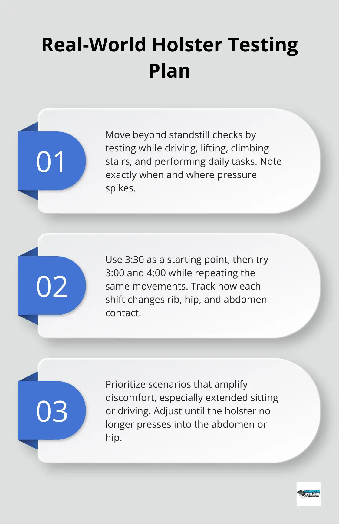 Three-point plan for testing holster comfort during daily activities and position adjustments. - Inside waistband pressure tips