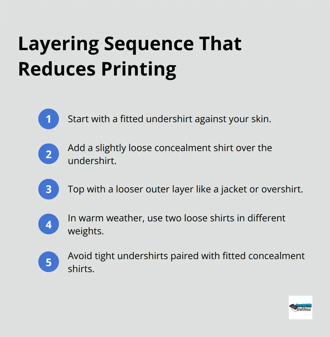 Compact ordered list showing the correct shirt layering sequence for better concealment - IWB concealment tips