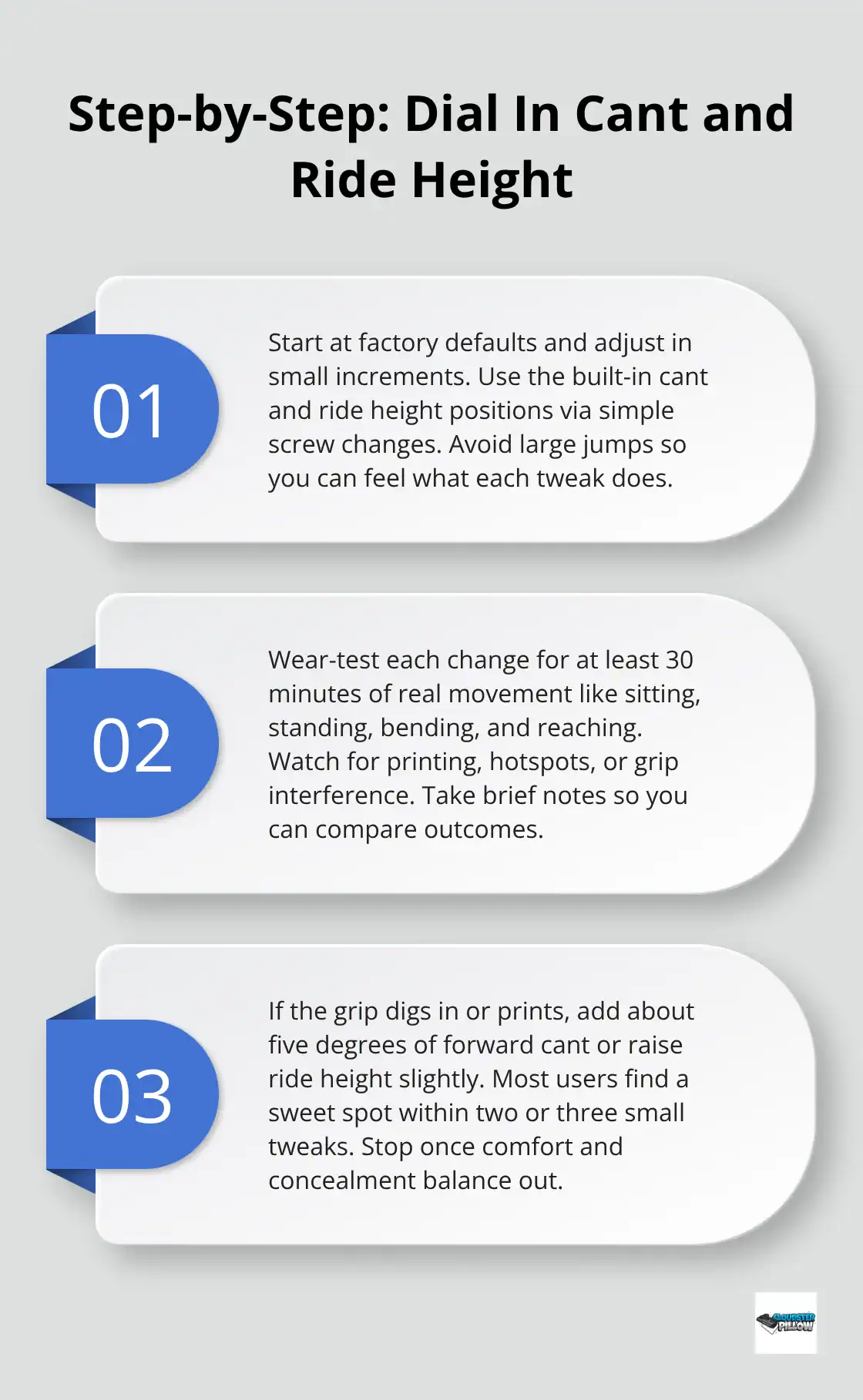 Three-step process to optimize holster cant and ride height for comfort and concealment. - IWB holster fit guide
