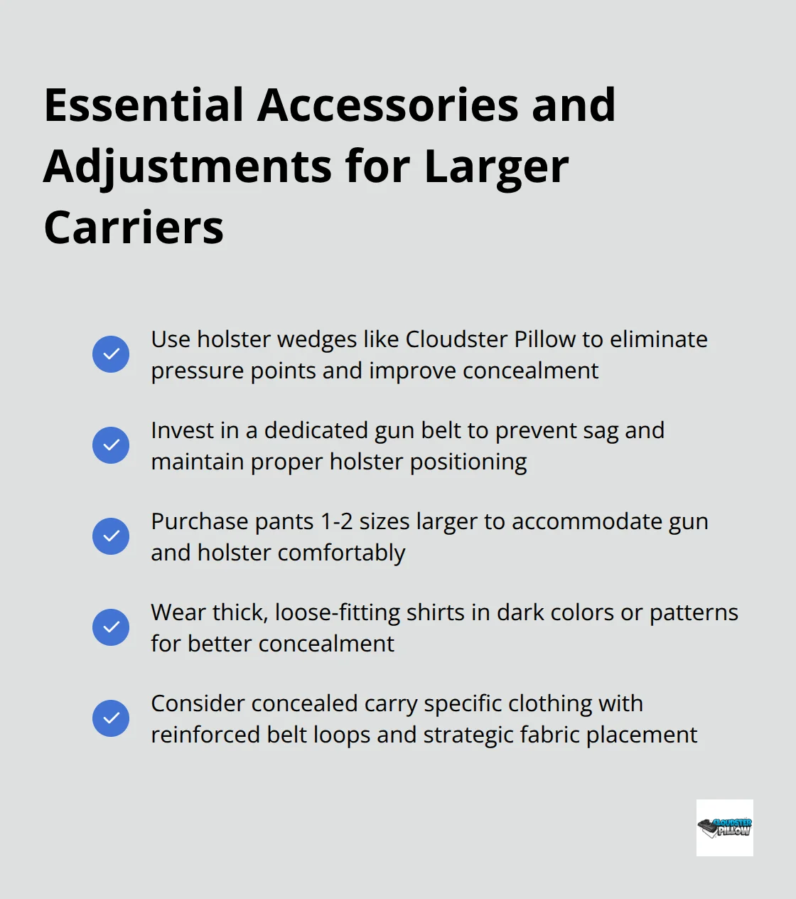 Checkmark list of essential accessories and adjustments for improving concealed carry comfort for larger individuals - iwb holster for fat guys