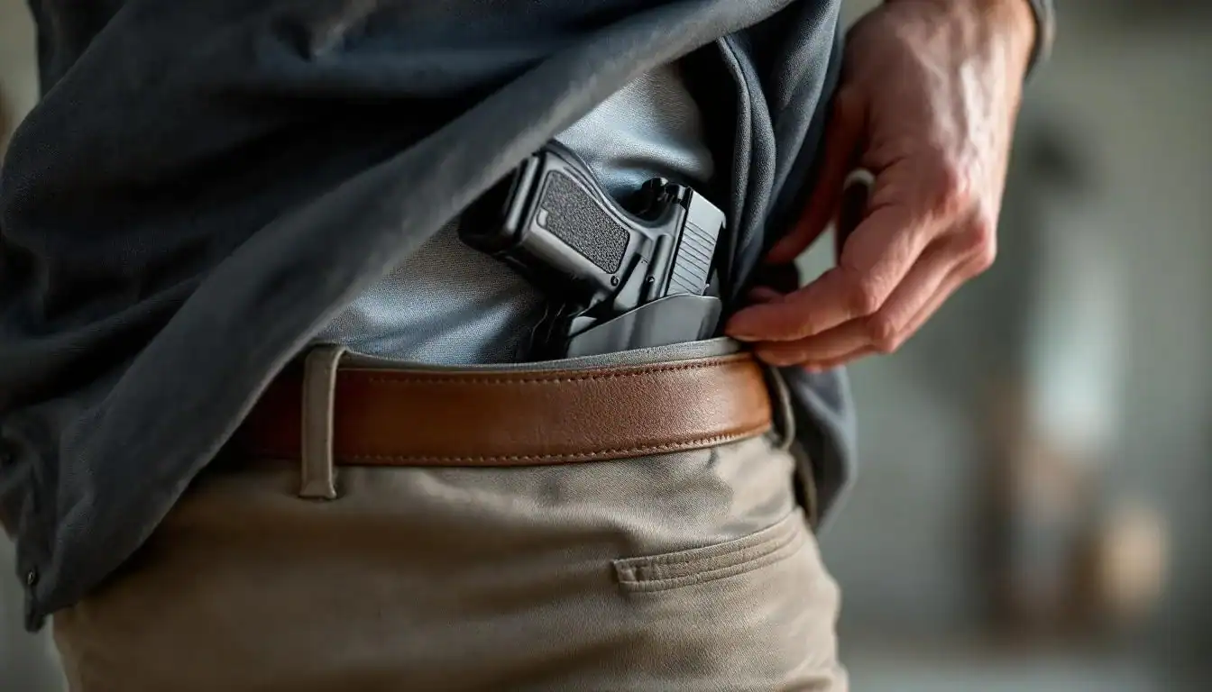 Gun in front pocket, concealed carry, personal protection, firearm safety, discreet weapon storage.