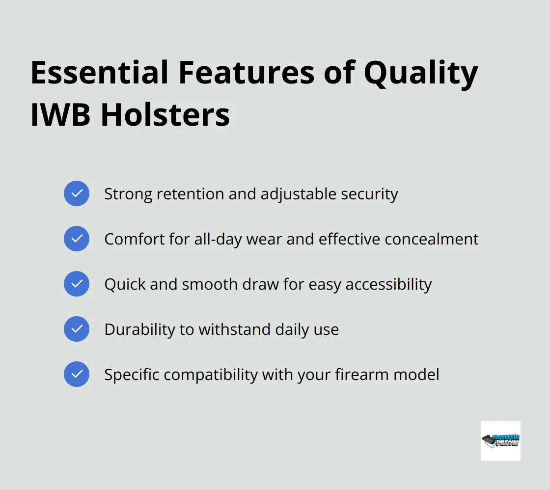 A checkmark list chart displaying five key factors for great IWB holsters: retention and security, comfort and concealment, draw speed and accessibility, durability, and firearm compatibility.