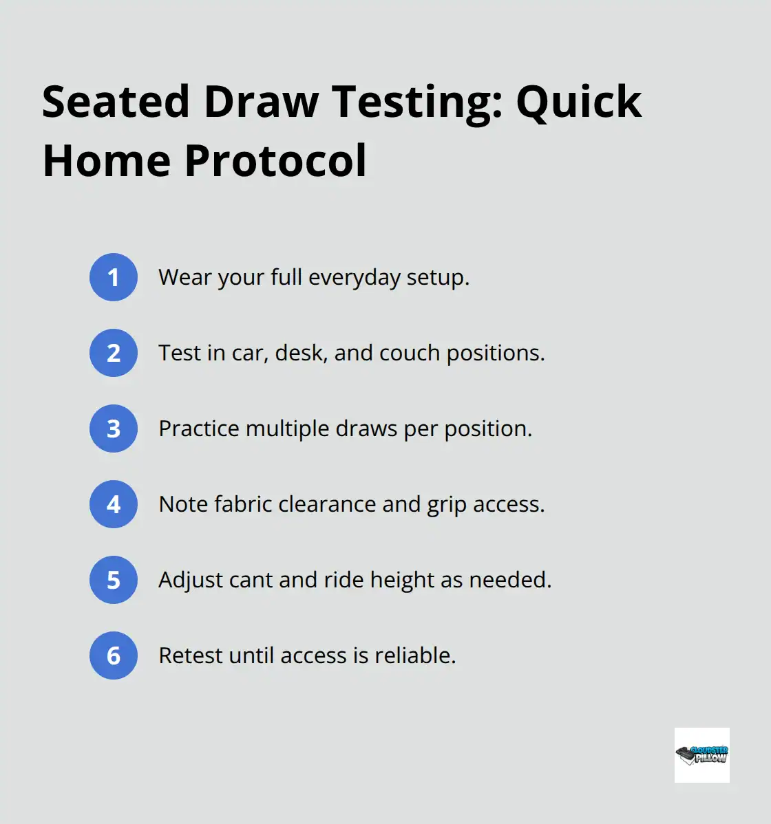 Compact checklist of steps to test your draw on a larger frame - large body carry