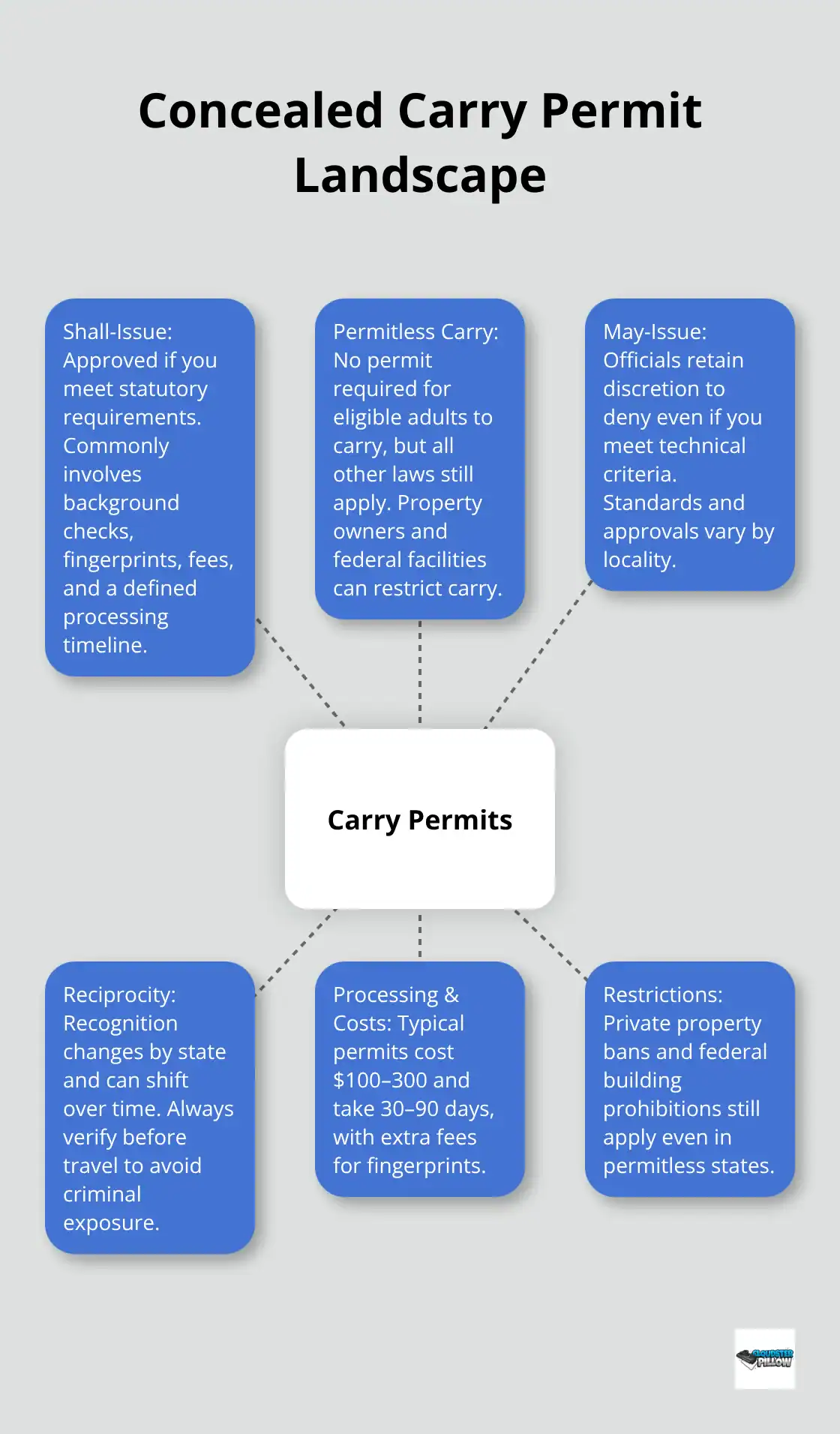 Hub-and-spoke diagram of U.S. permit categories, reciprocity classes, and key constraints for shooters.