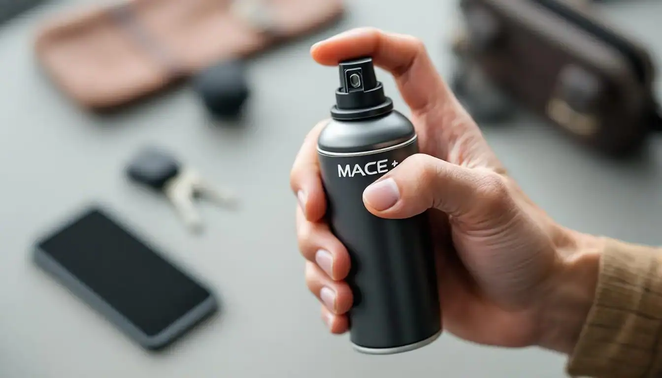 Spray bottle with MACE logo for personal safety, safety spray for self-defense, portable security spray.