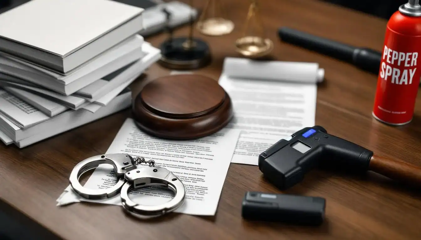 Handcuffs and firearm on desk with legal documents and pepper spray.
