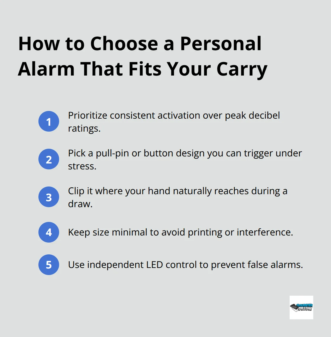 Compact checklist of practical criteria for selecting a personal alarm for concealed carry.