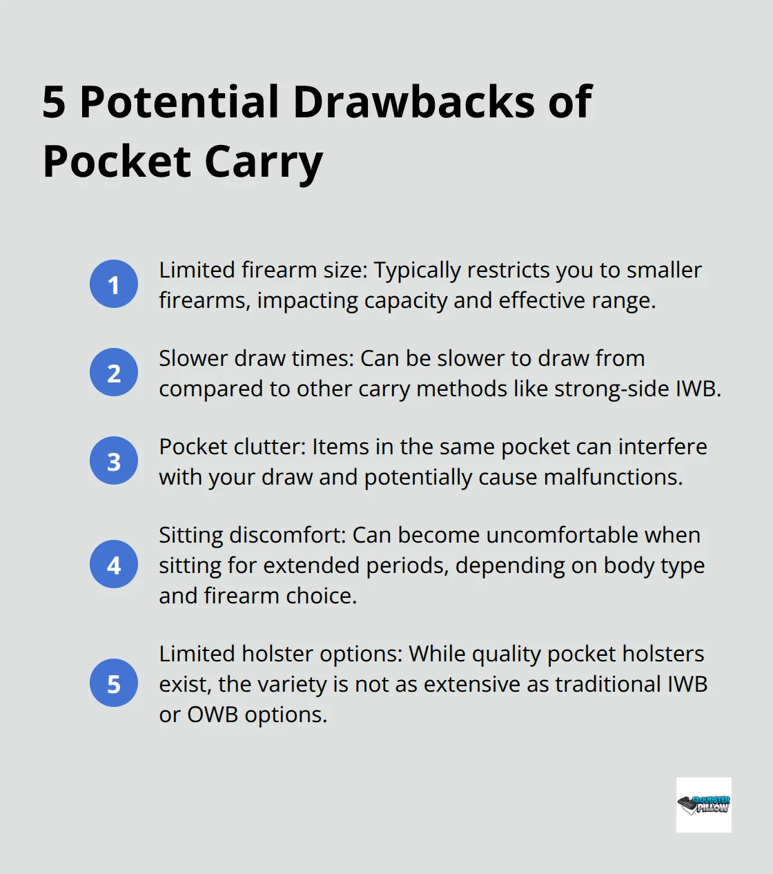 A compact ordered list chart showing five potential drawbacks of pocket carry: limited firearm size, slower draw times, pocket clutter, sitting discomfort, and limited holster options. - pocket holster