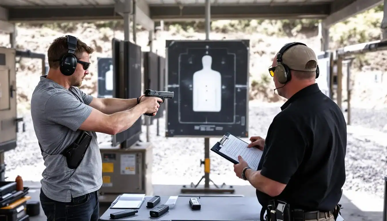 Two men at shooting range with target, demonstrating safety and focus.