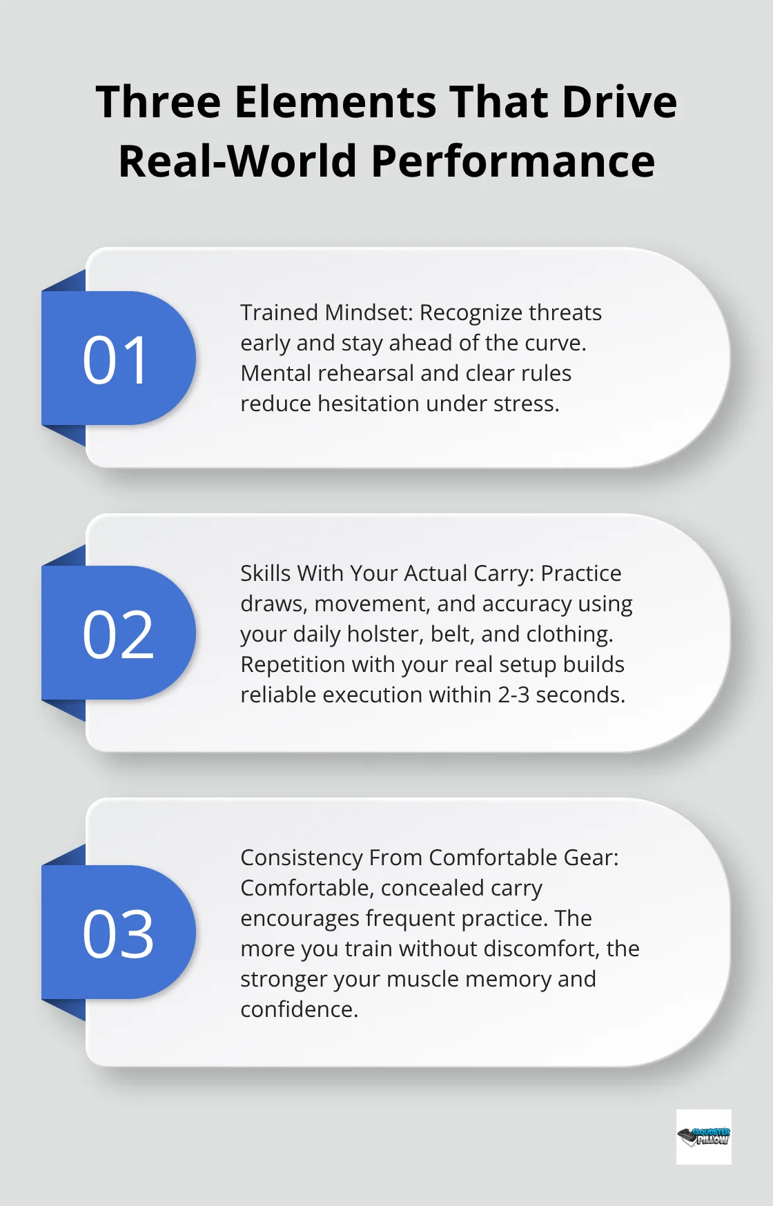 Three-point summary of mindset, real-setup skills, and consistency from comfortable gear.