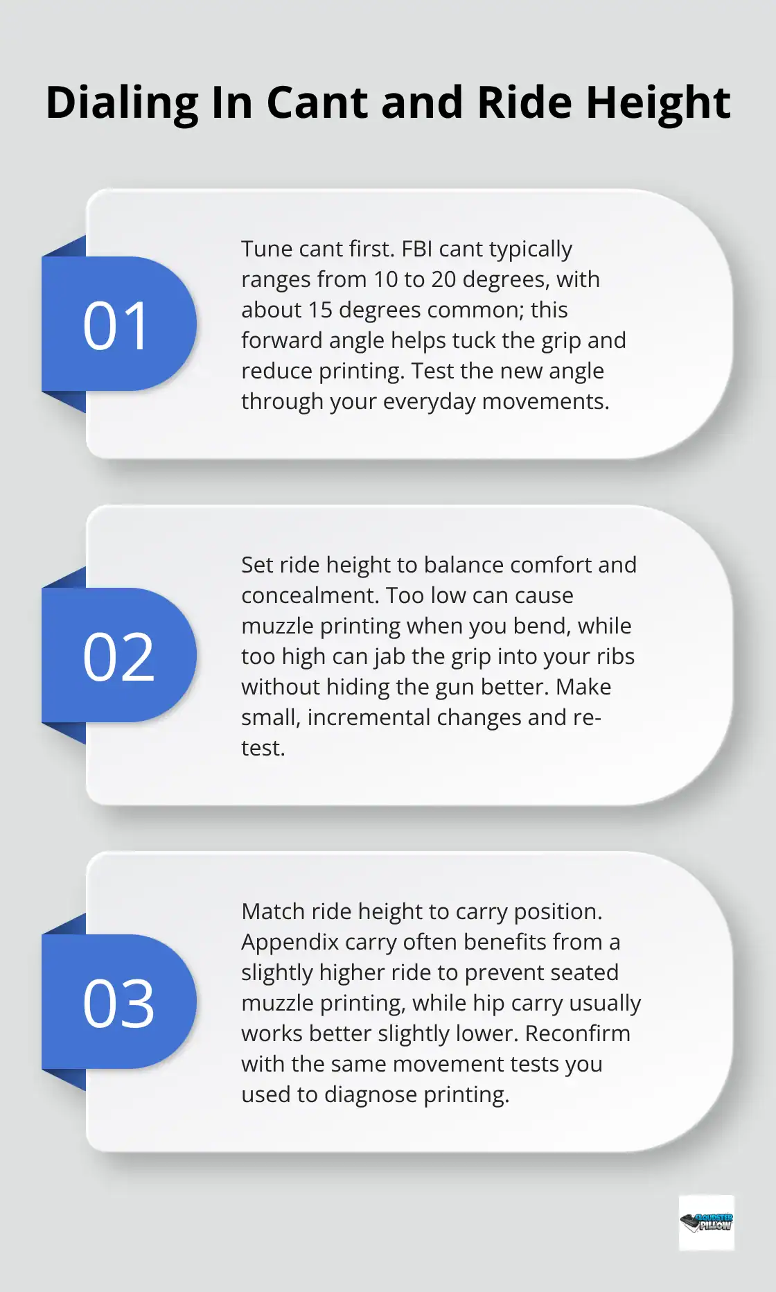 Three-point guide explaining how cant and ride height changes improve concealment