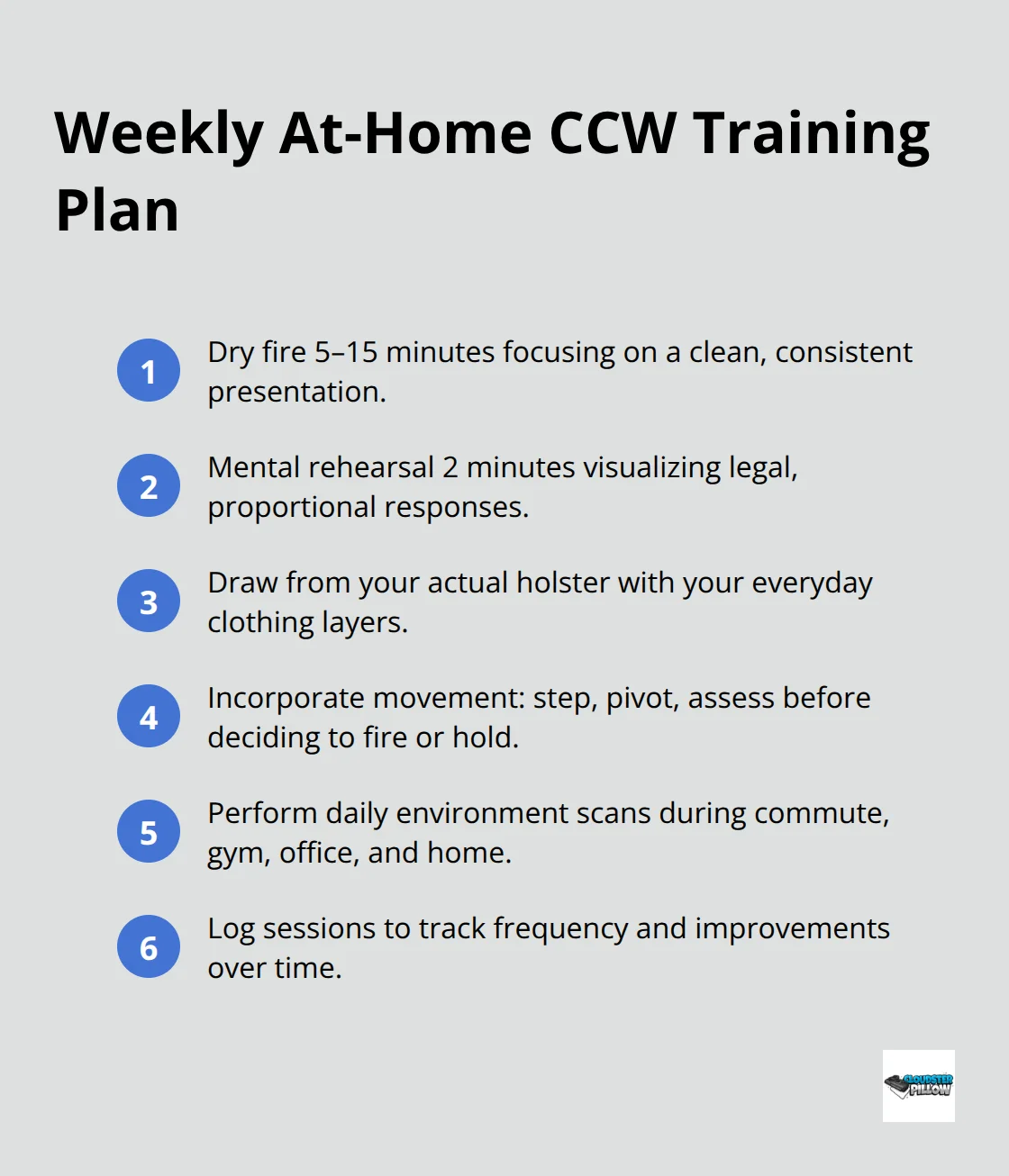 Compact checklist outlining a simple weekly at-home concealed carry training routine.