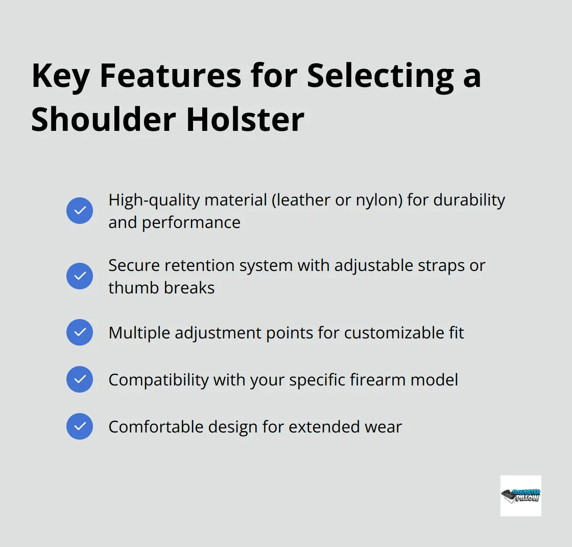 Checkmark list showing five key features to consider when selecting a shoulder holster: material, retention system, adjustability, firearm compatibility, and comfort.