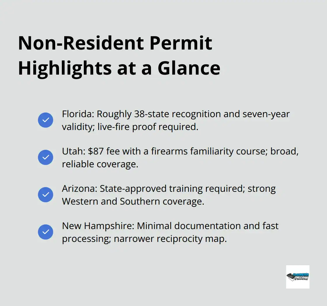 Non-resident CCW permit reference highlighting Florida, Utah, Arizona, and New Hampshire reciprocity coverage at a glance.
