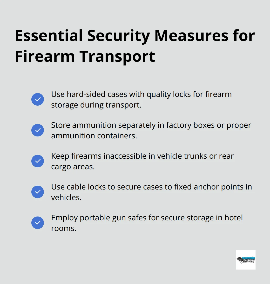Checkmark list of essential security measures for transporting firearms safely and legally - traveling with a firearm