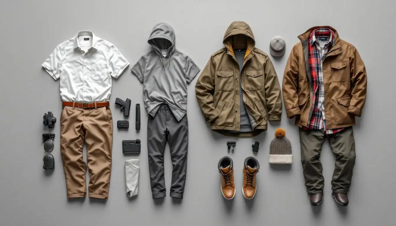 Travel and outdoor clothing laid out with Cloudster Pillow in the background. Concealed Carry Clothing